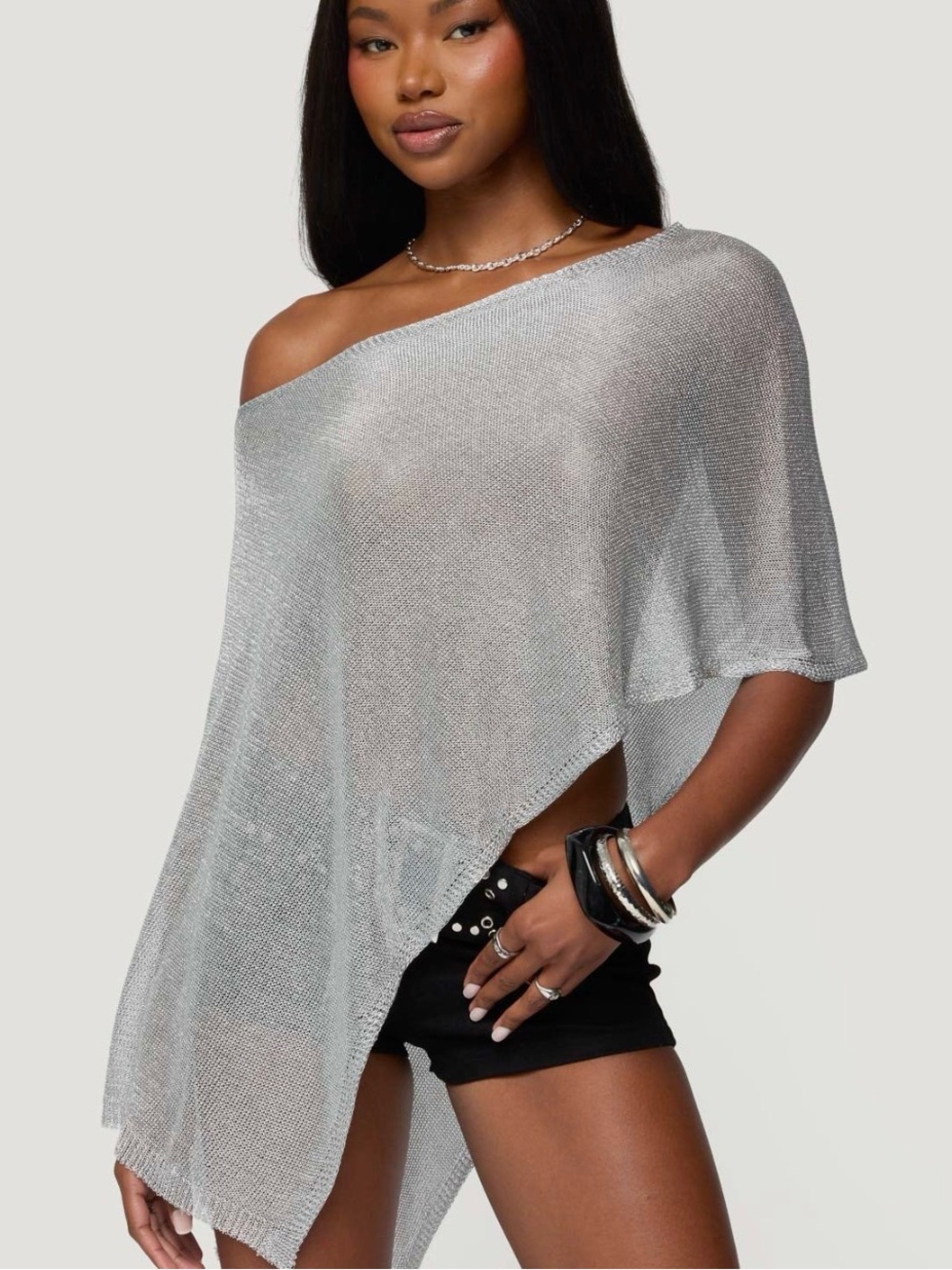 Edikted Sheer Metallic Silver One-Shoulder Top
